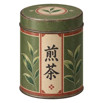 若草色の筒に茶葉の図案と縦書きのラベルを添えた、古い茶筒。背景透過の単体素材。