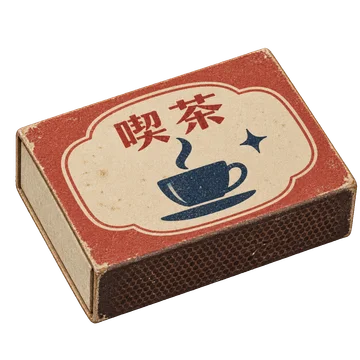 赤い縁取りと紺のカップを刷り、側面に擦り面を持つ喫茶店のマッチ箱。背景透過の単体素材。