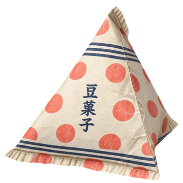 赤い水玉と紺の線を組み合わせた、立体的な三角形の豆菓子袋。背景透過の単体素材。