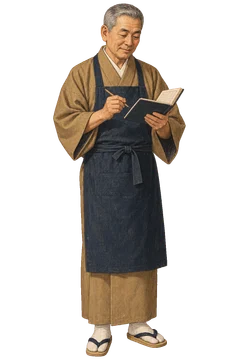 帳面を開いて鉛筆を持つ、前掛け姿の商店主。背景透過の人物イラスト。