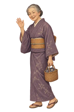 買物かごを提げ、片手を振って挨拶する年配の婦人。背景透過の人物イラスト。