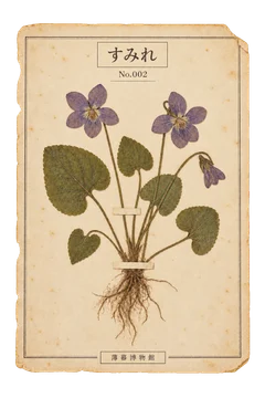 菫の押し花標本。古紙の台紙に、色の残った植物を紙帯で留めた押し花標本風の素材。ピンなし。