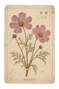 秋桜の押し花標本。古紙の台紙に、色の残った植物を紙帯で留めた押し花標本風の素材。ピンなし。