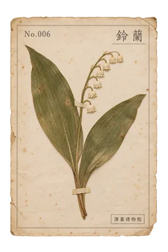 鈴蘭の押し花標本。古紙の台紙に、色の残った植物を紙帯で留めた押し花標本風の素材。ピンなし。