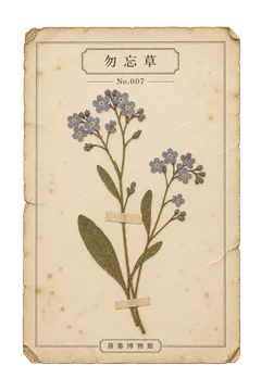 勿忘草の押し花標本。古紙の台紙に、色の残った植物を紙帯で留めた押し花標本風の素材。ピンなし。