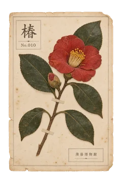 椿の押し花標本。古紙の台紙に、色の残った植物を紙帯で留めた押し花標本風の素材。ピンなし。