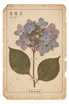 紫陽花の押し花標本。古紙の台紙に、色の残った植物を紙帯で留めた押し花標本風の素材。ピンなし。