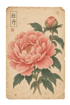 牡丹の植物図案。花と葉を細やかに描いた、古い植物図譜を思わせる紙の図案。
