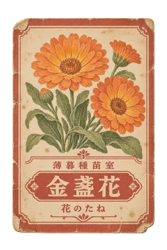 金盞花の種袋ラベル。架空の薄暮種苗室の、花を大きく刷った古い種袋用ラベル。