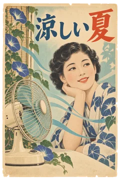 扇風機と朝顔、涼む女性を組み合わせた、淡い青の夏の広告。