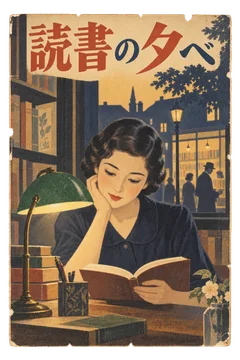 緑の卓上灯の下で本を読む女性を描いた、夕べの読書案内。