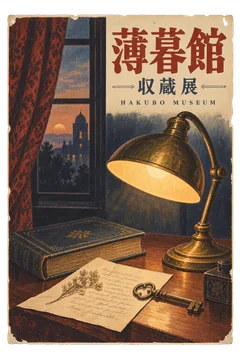 古い卓上灯、本、手紙、鍵を描いた、薄暮館の架空の収蔵展ポスター。