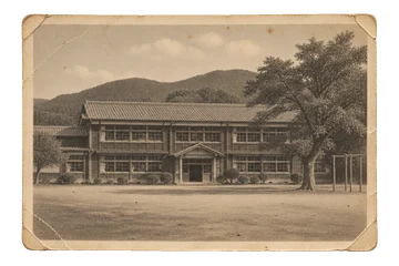木造の校舎と広い校庭を写した、架空の学校の古写真。