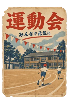 校庭と紅白の旗を描いた、薄暮学校の運動会のお知らせ。