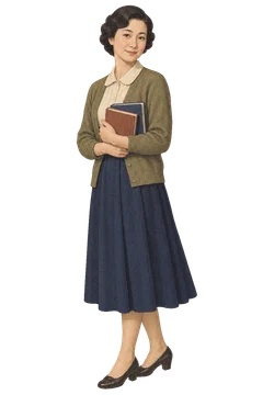 数冊の本を胸に抱えた、落ち着いた服装の女教師。