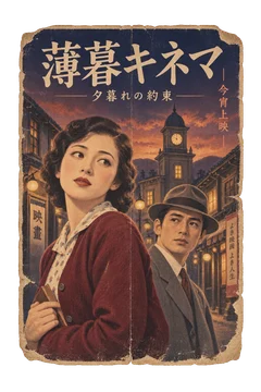 男女の肖像と時計塔を描いた、架空の薄暮キネマの上映案内。