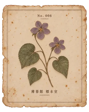 褪せた紫の花とハート形の葉を描いた菫を、古紙に添えた押し花風の標本カード。
