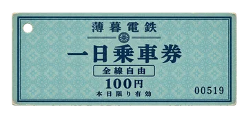 淡い青緑色の紙に小さな車輪の印を添えた、全線で使える一日乗車券。