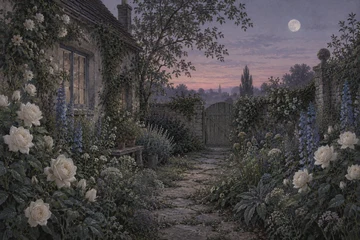 夜明け前の花の庭