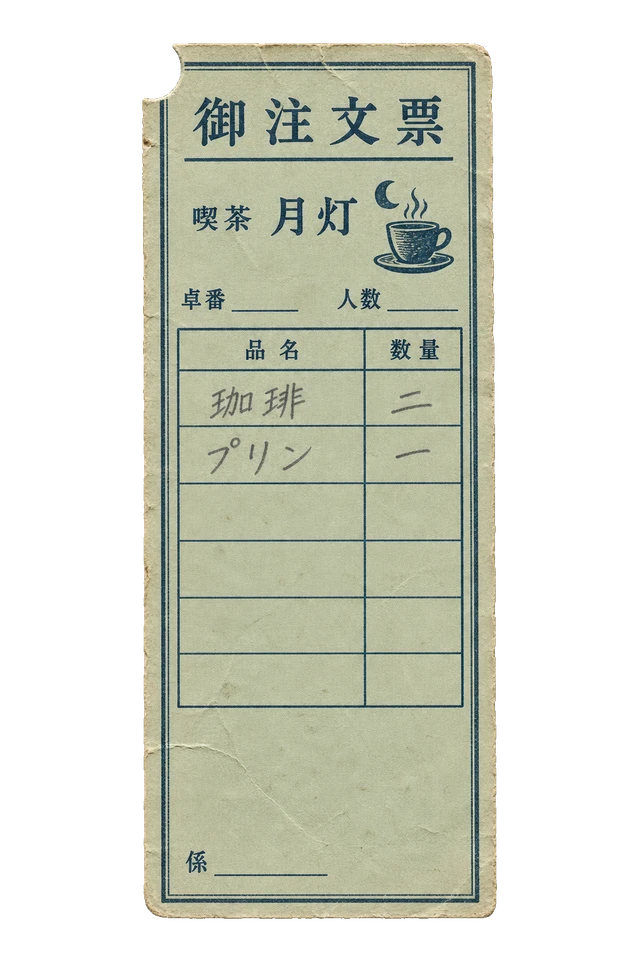 喫茶月灯の注文伝票の昭和レトロな紙もの素材