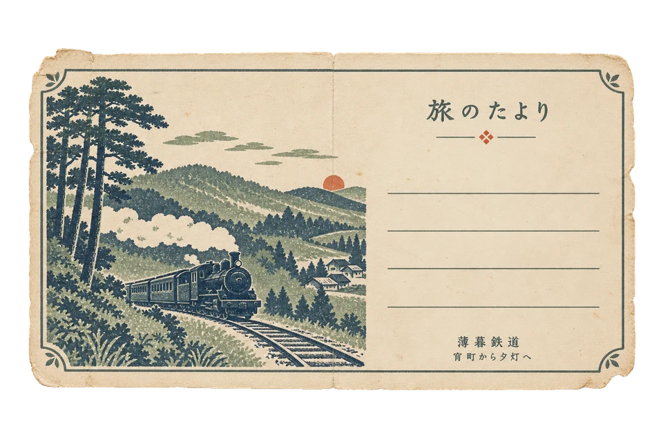 薄暮鉄道の旅の絵葉書の昭和レトロな紙もの素材